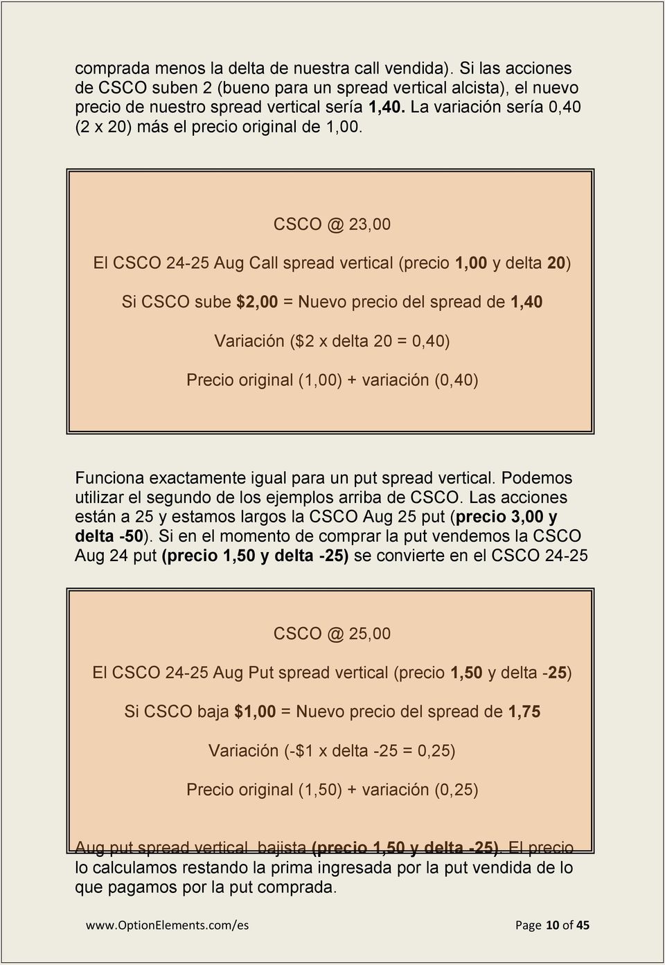 CSCO @ 23,00 El CSCO 24-25 Aug Call spread vertical (precio 1,00 y delta 20) Si CSCO sube $2,00 = Nuevo precio del spread de 1,40 Variación ($2 x delta 20 = 0,40) Precio original (1,00) + variación