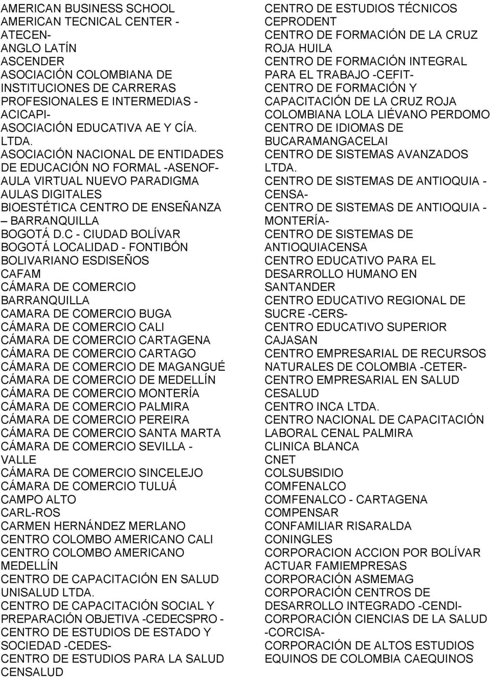 C - CIUDAD BOLÍVAR BOGOTÁ LOCALIDAD - FONTIBÓN BOLIVARIANO ESDISEÑOS CAFAM CÁMARA DE COMERCIO BARRANQUILLA CAMARA DE COMERCIO BUGA CÁMARA DE COMERCIO CALI CÁMARA DE COMERCIO CARTAGENA CÁMARA DE