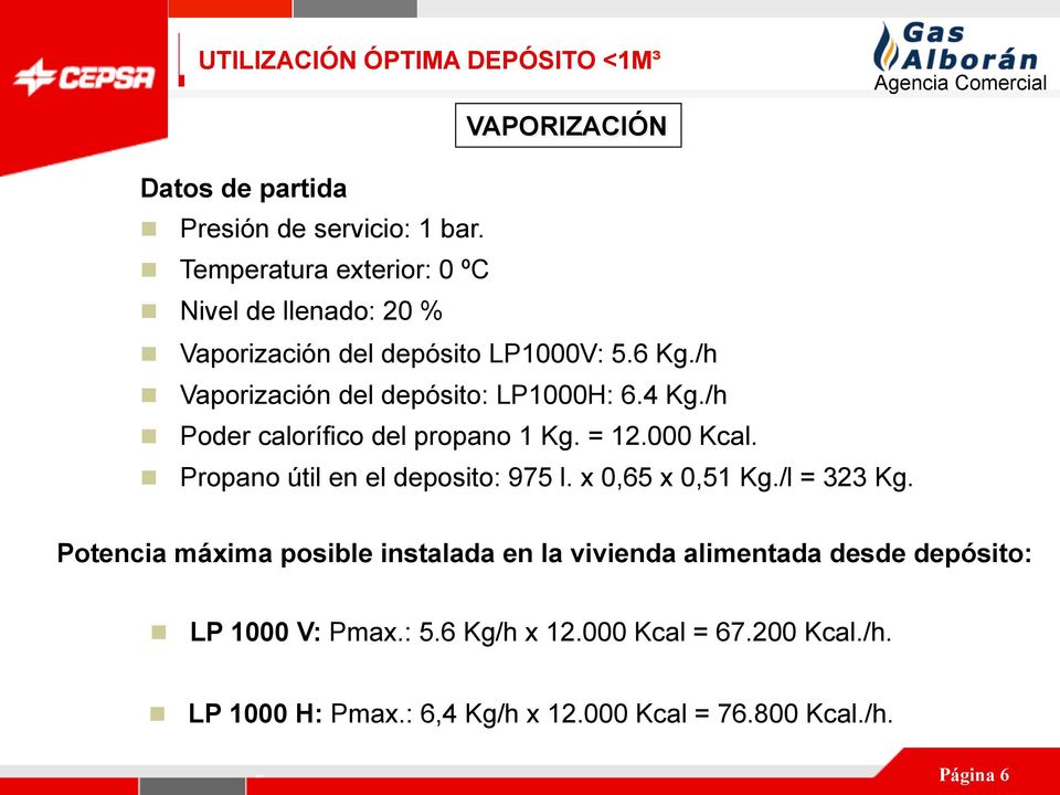 /h Poder calorífico del propano 1 Kg. = 12.000 Kcal. Propano útil en el deposito: 975 l. x 0,65 x 0,51 Kg./l = 323 Kg.