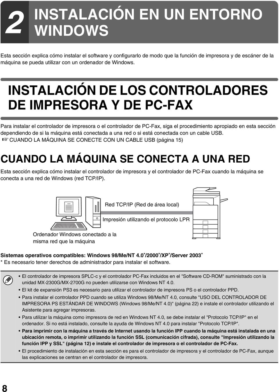 INSTALACIÓN DE LOS CONTROLADORES DE IMPRESORA Y DE PC-FAX Para instalar el controlador de impresora o el controlador de PC-Fax, siga el procedimiento apropiado en esta sección dependiendo de si la