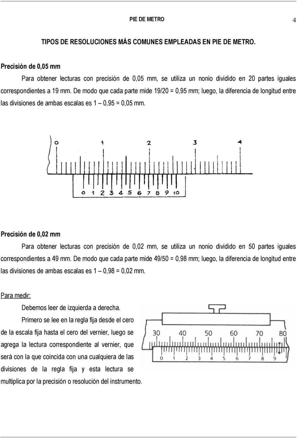 De modo que cada parte mide 19/20 = 0,95 mm; luego, la diferencia de longitud entre las divisiones de ambas escalas es 1 0,95 = 0,05 mm.