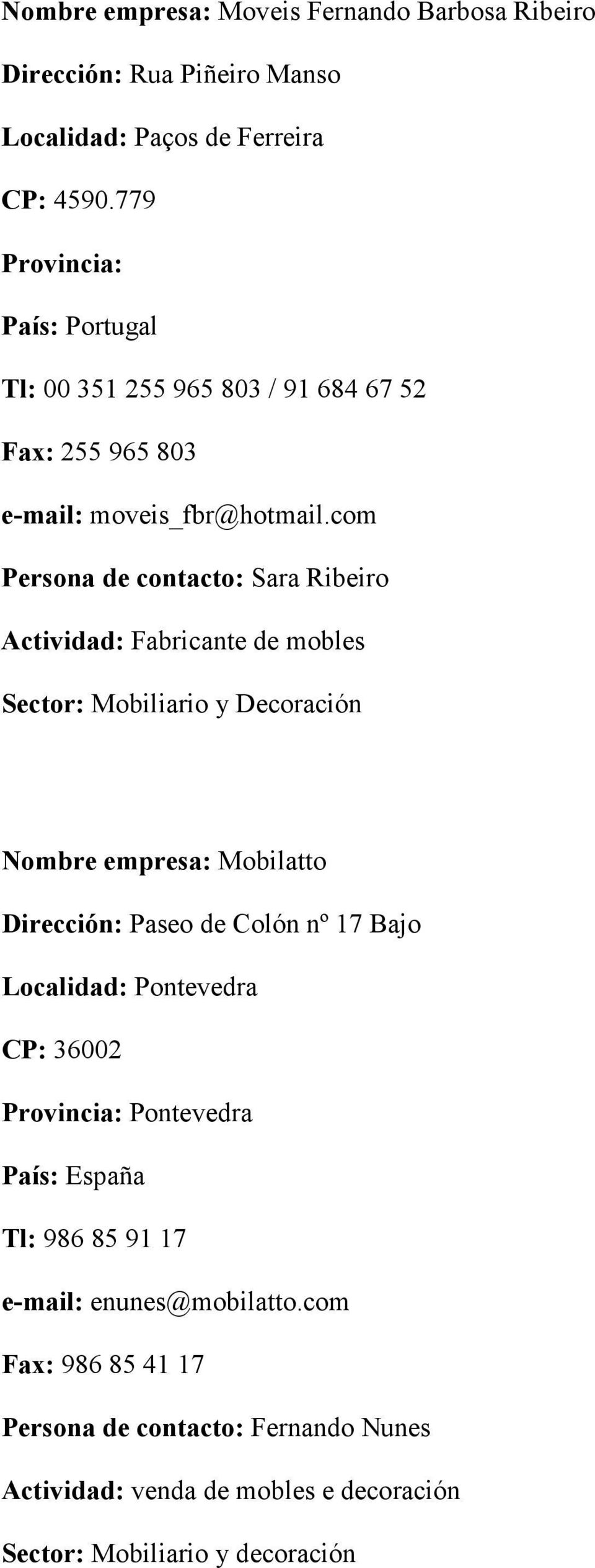 com Persona de contacto: Sara Ribeiro Actividad: Fabricante de mobles Sector: Mobiliario y Decoración Nombre empresa: Mobilatto