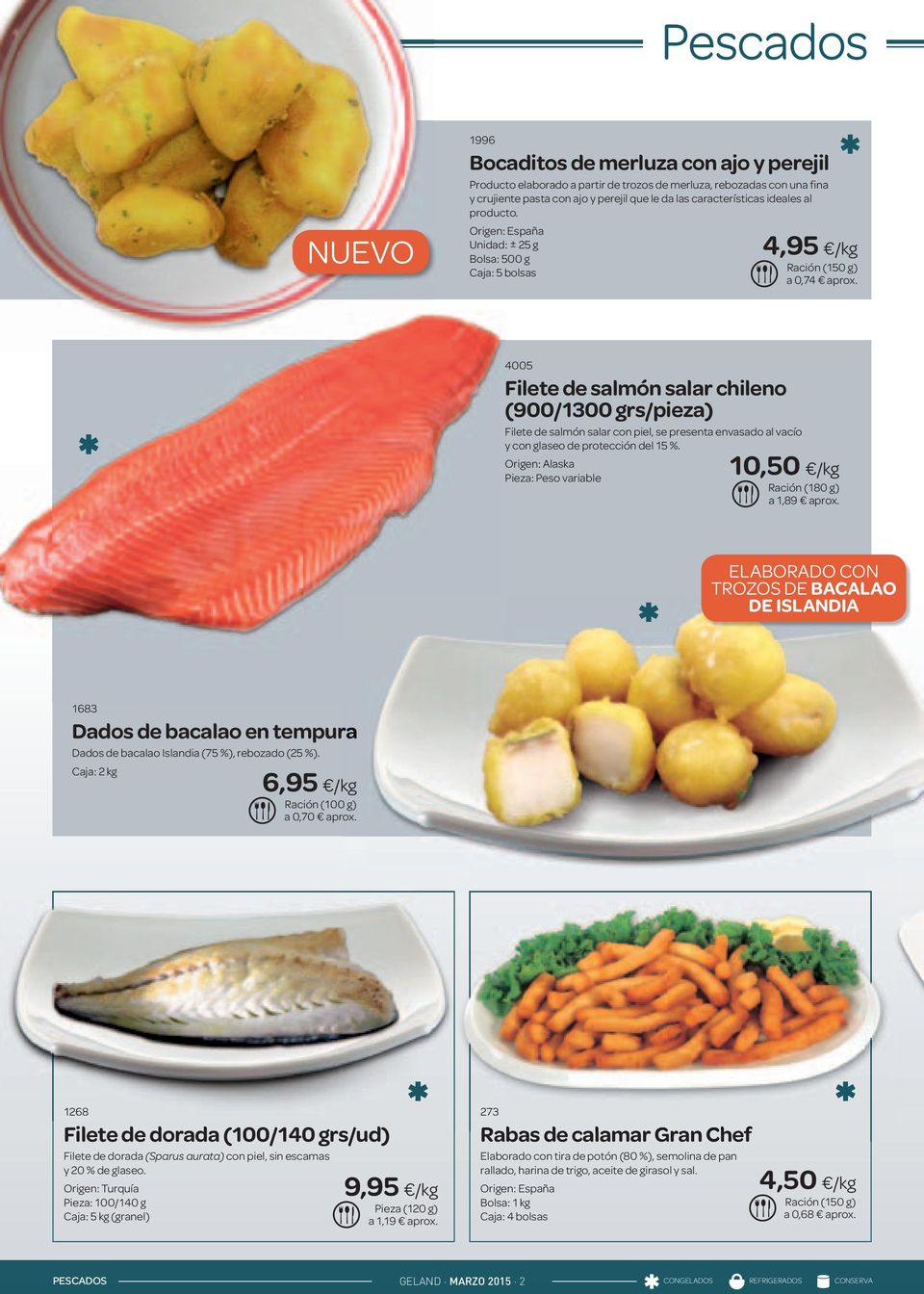 4005 Filete de salmón salar chileno (900/1300 grs/pieza) Filete de salmón salar con piel, se presenta envasado al vacío y con glaseo de protección del 15 %.