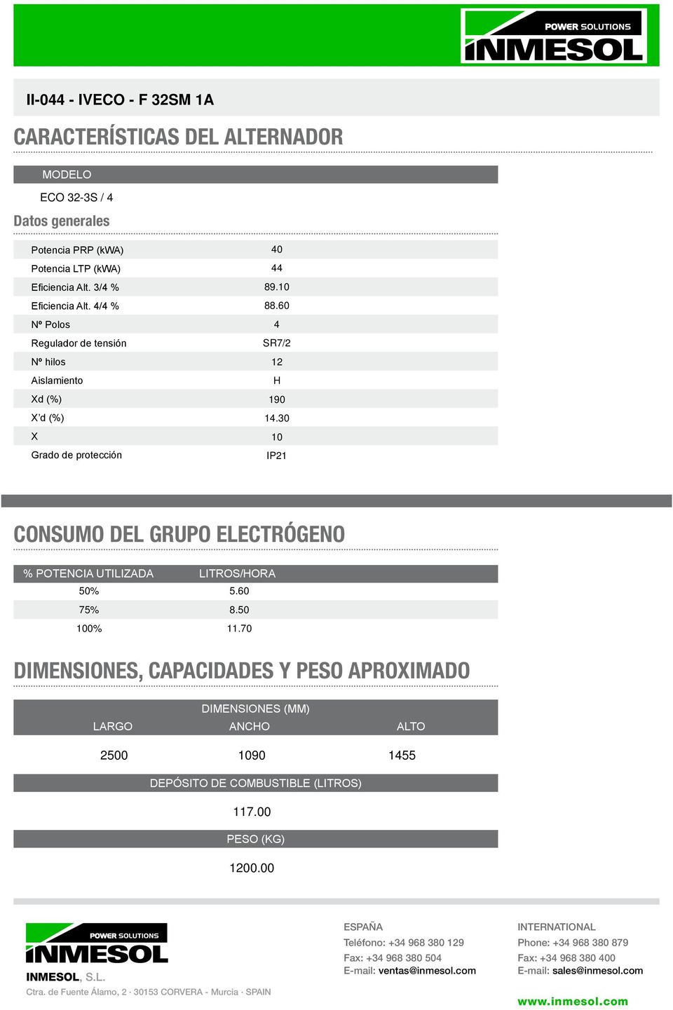 60 4 SR7/2 12 H 190 14.30 10 IP21 CONSUMO DEL GRUPO ELECTRÓGENO % POTENCIA UTILIZADA LITROS/HORA 50% 5.60 75% 8.50 100% 11.