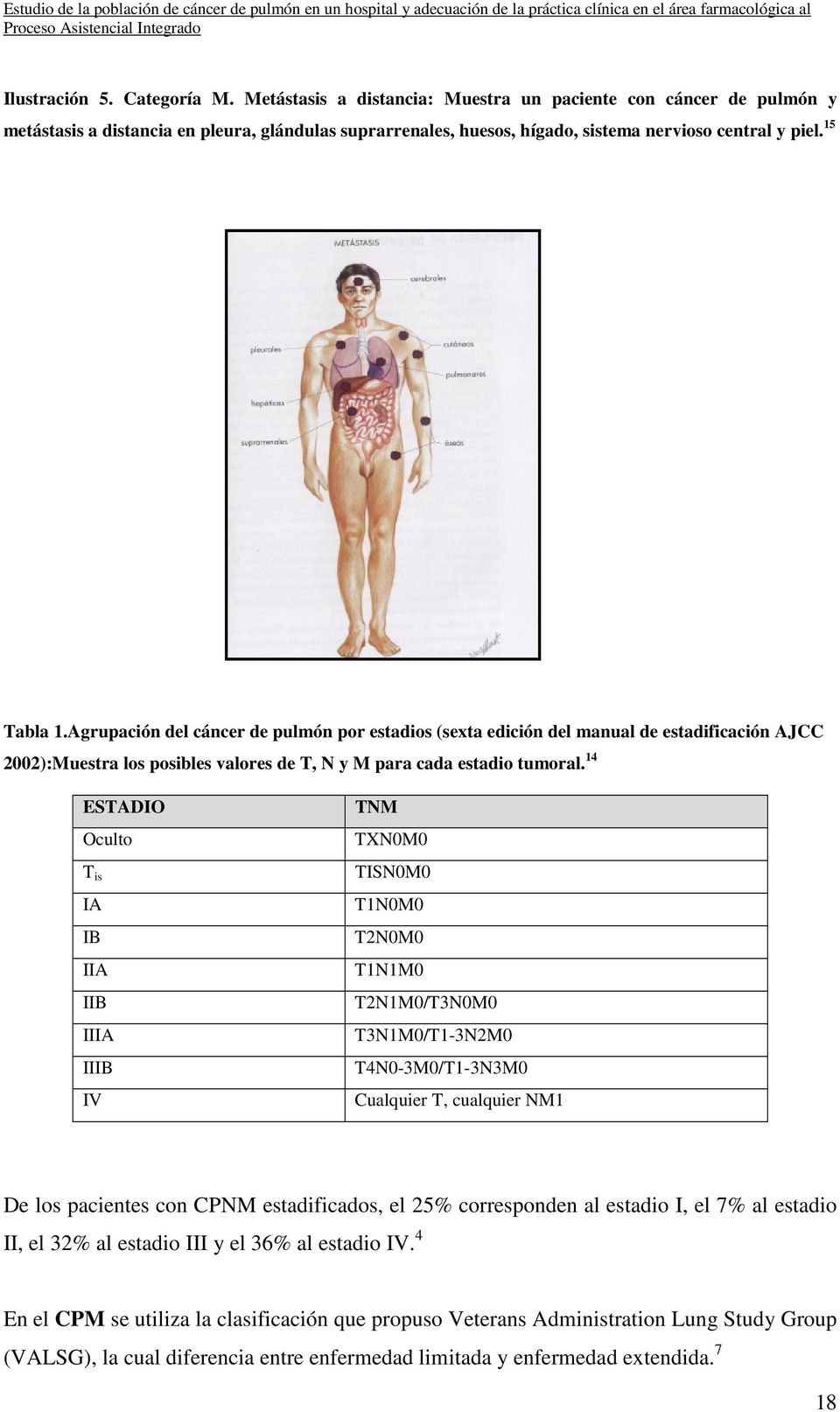 Agrupación del cáncer de pulmón por estadios (sexta edición del manual de estadificación AJCC 2002):Muestra los posibles valores de T, N y M para cada estadio tumoral.