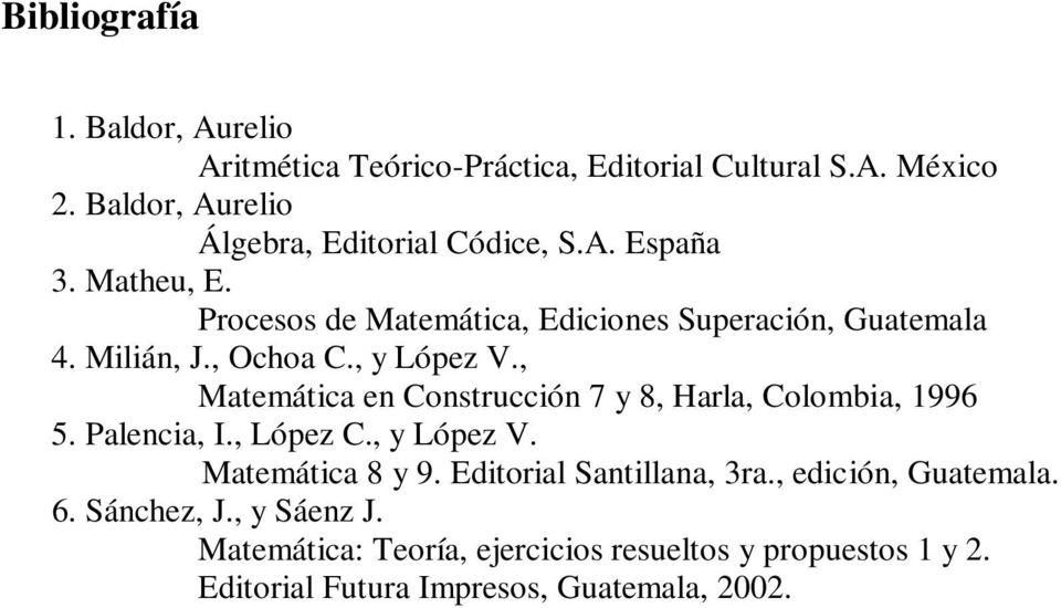 Milián, J., Ochoa C., y López V., Matemática en Construcción 7 y 8, Harla, Colombia, 1996 5. Palencia, I., López C., y López V. Matemática 8 y 9.