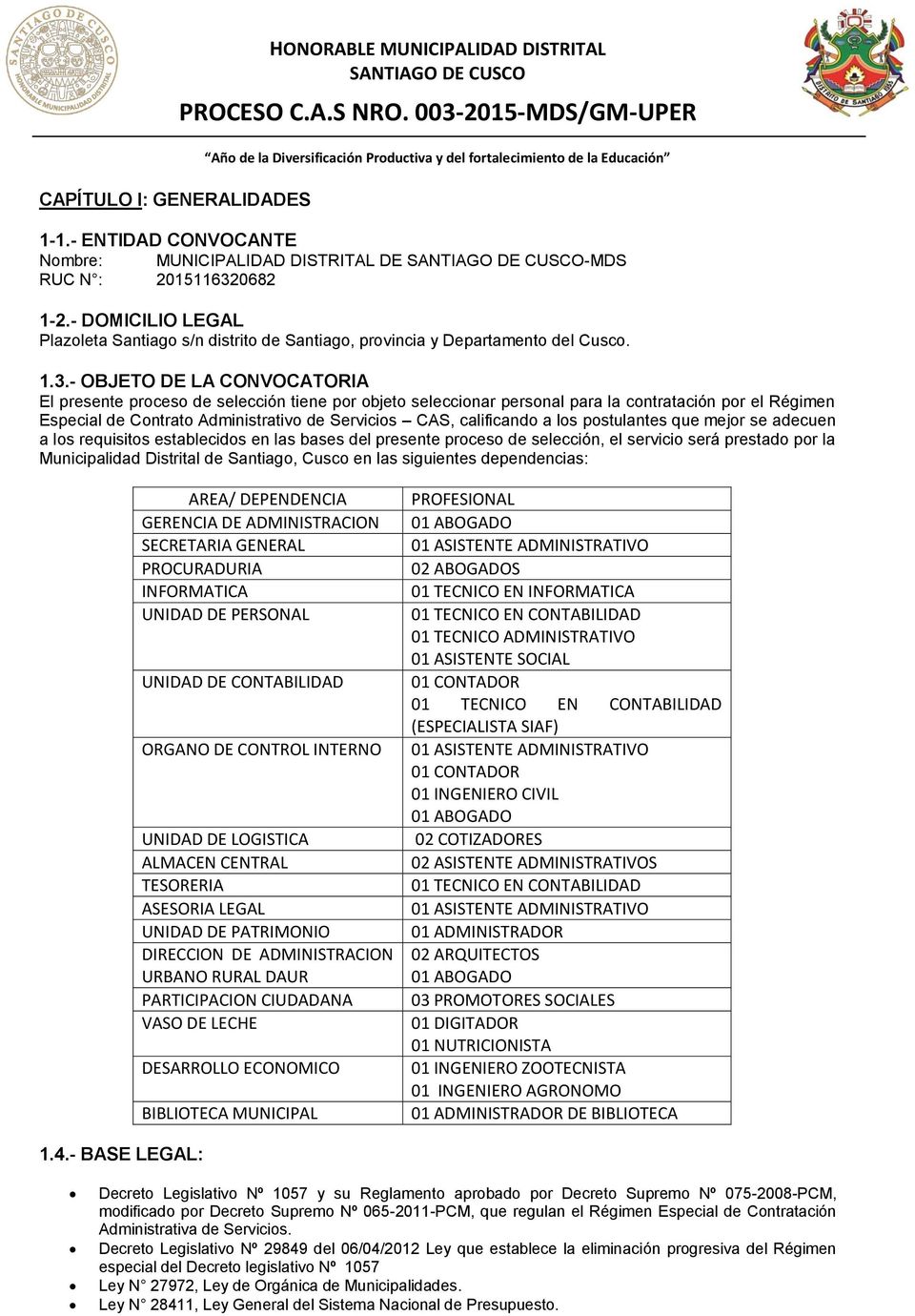 0682 1-2.- DOMICILIO LEGAL Plazleta Santiag s/n distrit de Santiag, prvincia y Departament del Cusc. 1.3.
