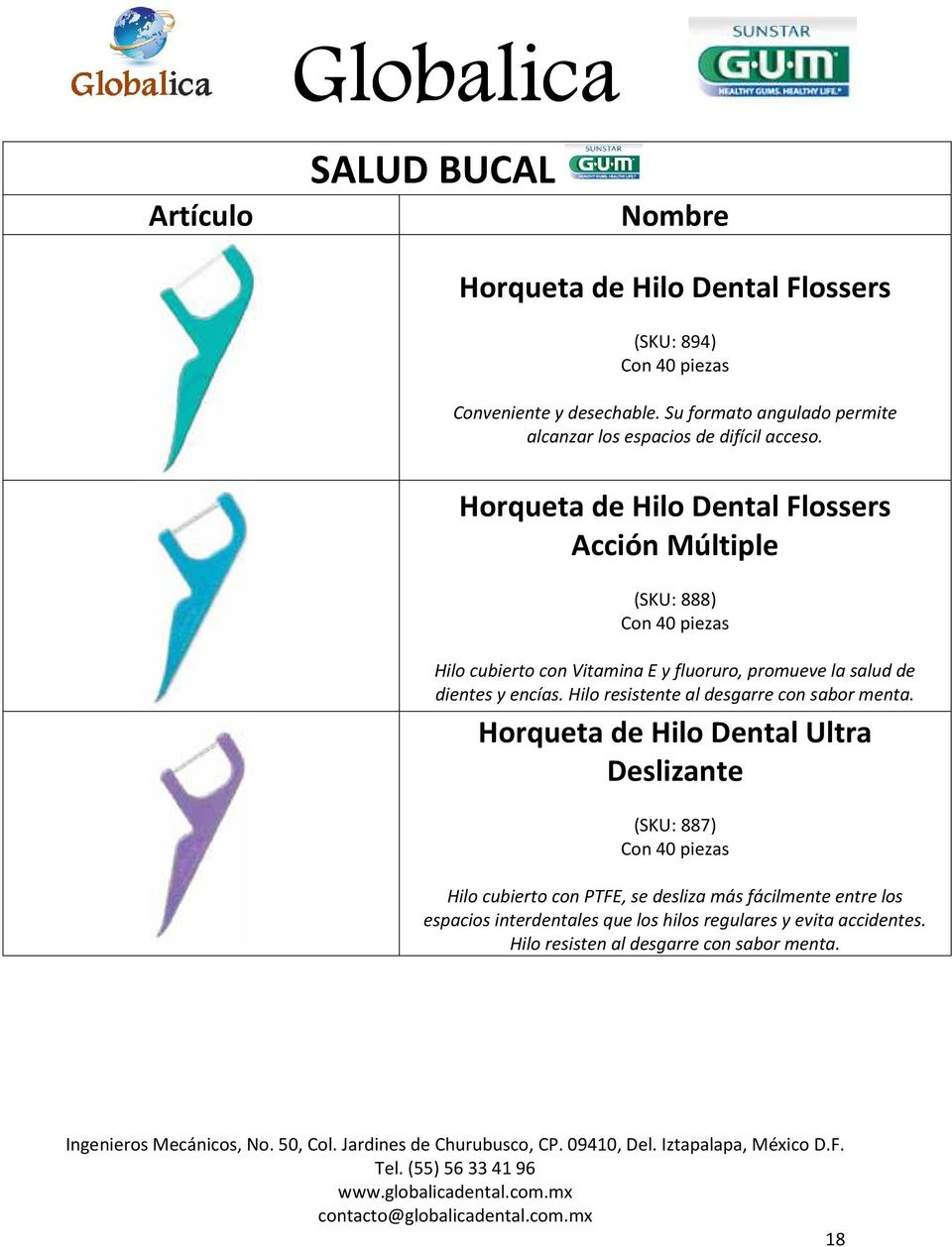 Horqueta de Hilo Dental Flossers Acción Múltiple (SKU: 888) Con 40 piezas Hilo cubierto con Vitamina E y fluoruro, promueve la salud de dientes y