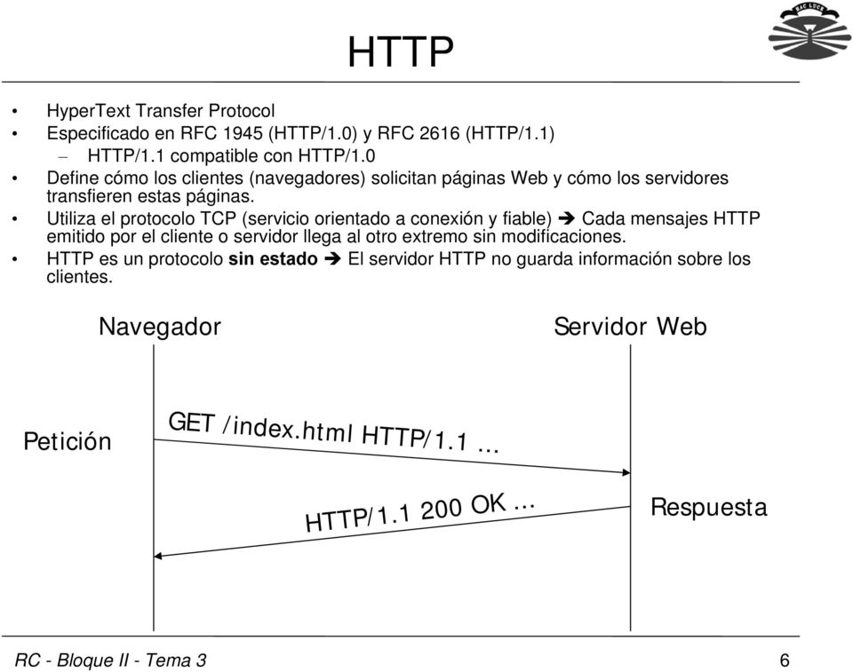 Utiliza el protocolo TCP (servicio orientado a conexión y fiable) Cada mensajes HTTP emitido por el cliente o servidor llega al otro extremo