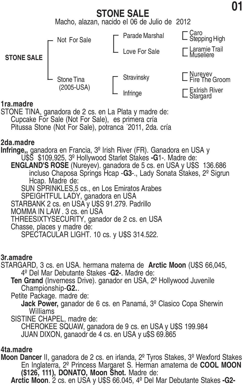 cría Nureyev Fire The Groom ExIrish River Stargard Infringe,, ganadora en Francia, 3º Irish River (FR). Ganadora en USA y U$S $109,925, 3º Hollywood Starlet Stakes -G1-.