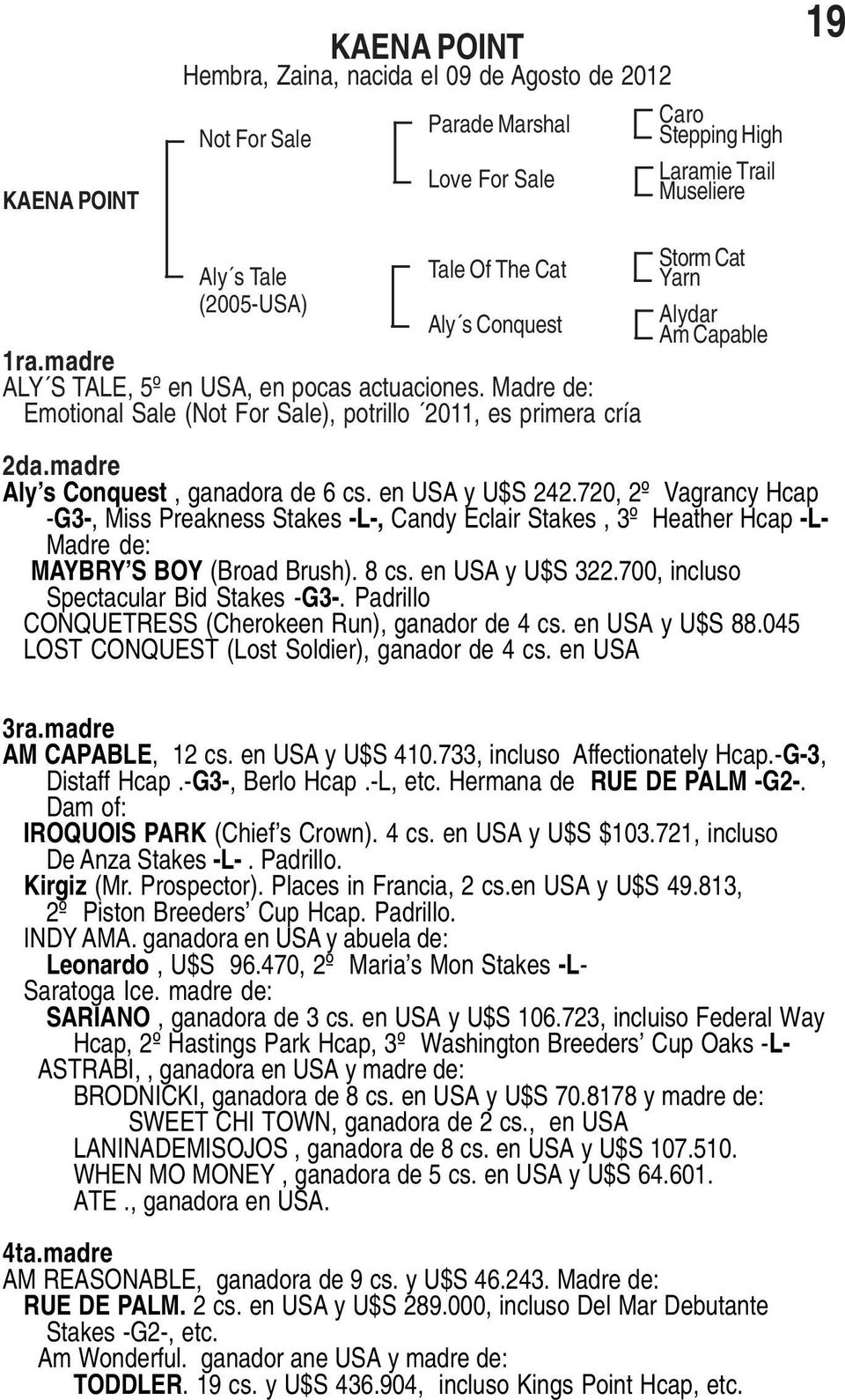 720, 2º Vagrancy Hcap -G3-, Miss Preakness Stakes -L-, Candy Eclair Stakes, 3º Heather Hcap -L- Madre de: MAYBRY S BOY (Broad Brush). 8 cs. en USA y U$S 322.700, incluso Spectacular Bid Stakes -G3-.
