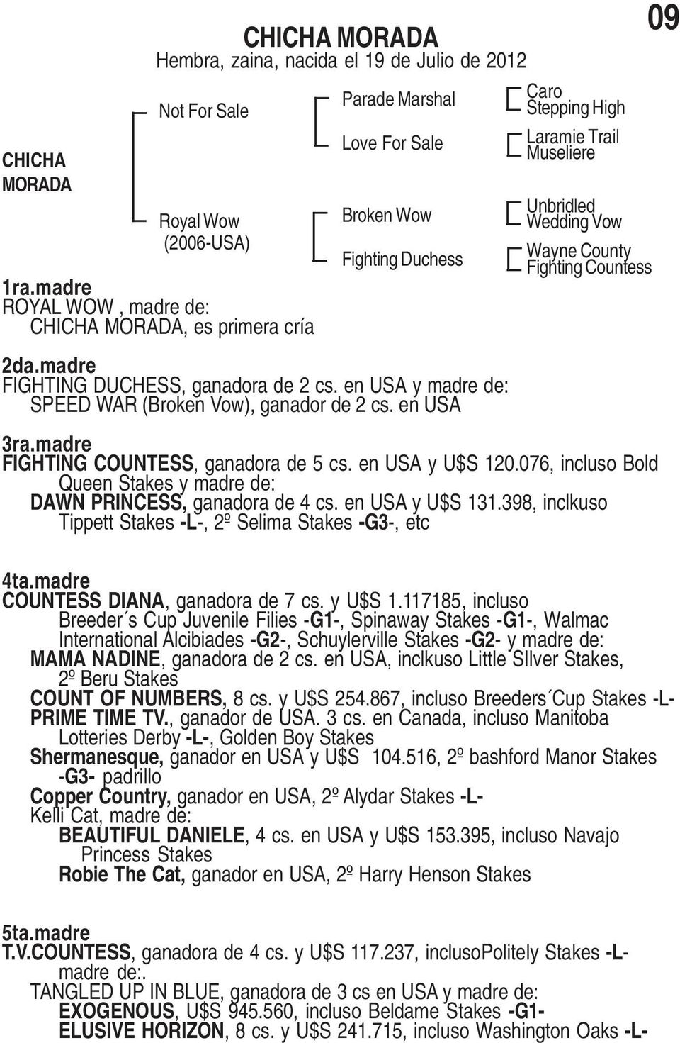076, incluso Bold Queen Stakes y madre de: DAWN PRINCESS, ganadora de 4 cs. en USA y U$S 13