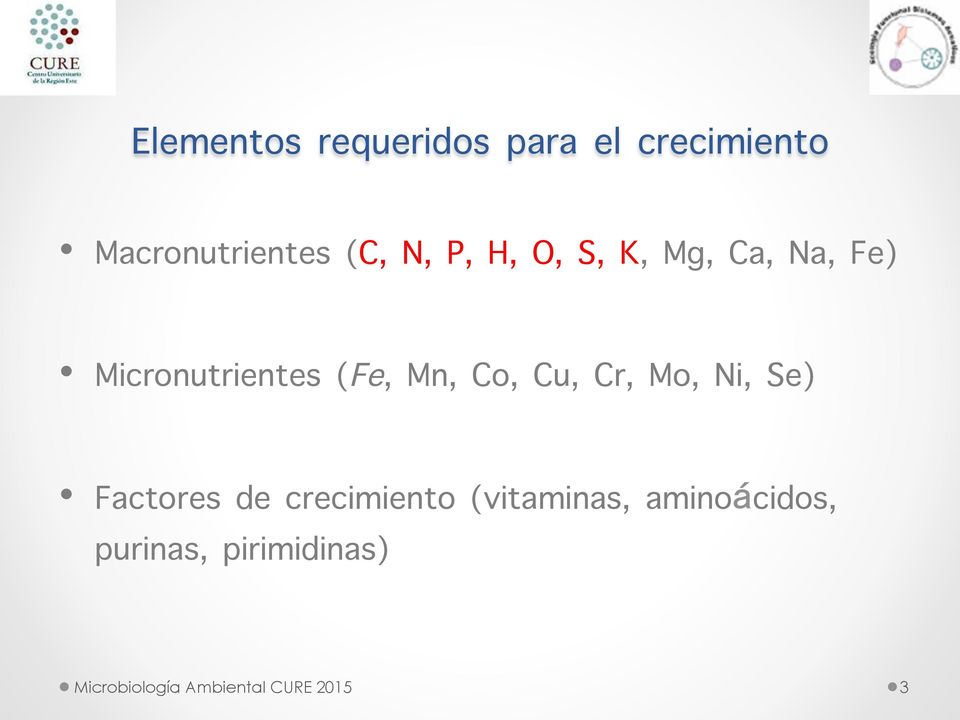 Cu, Cr, Mo, Ni, Se) Factores de crecimiento (vitaminas,