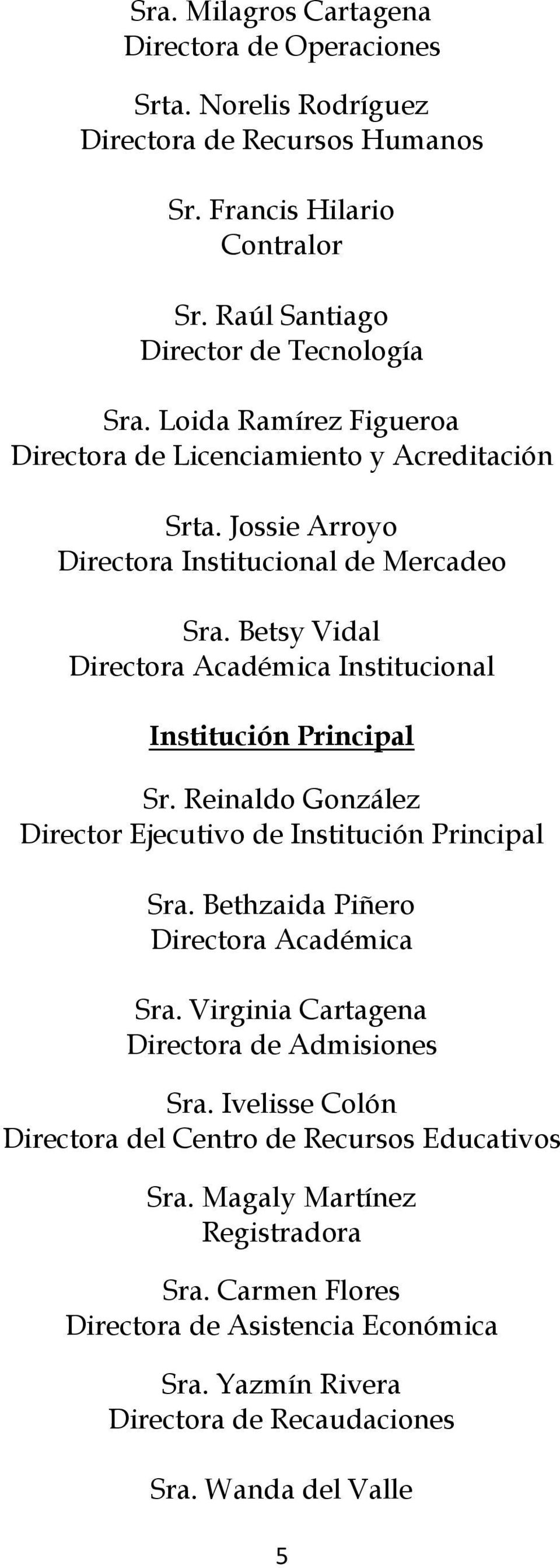 Betsy Vidal Directora Académica Institucional Institución Principal Sr. Reinaldo González Director Ejecutivo de Institución Principal Sra. Bethzaida Piñero Directora Académica Sra.
