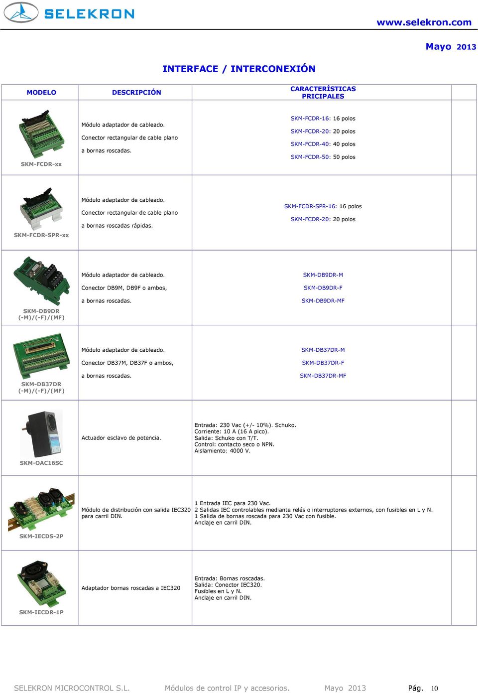 SKM-FCDR-SPR-16: 16 polos SKM-FCDR-20: 20 polos SKM-DB9DR (-M)/(-F)/(MF) Módulo adaptador de cableado. Conector DB9M, DB9F o ambos, a bornas roscadas.