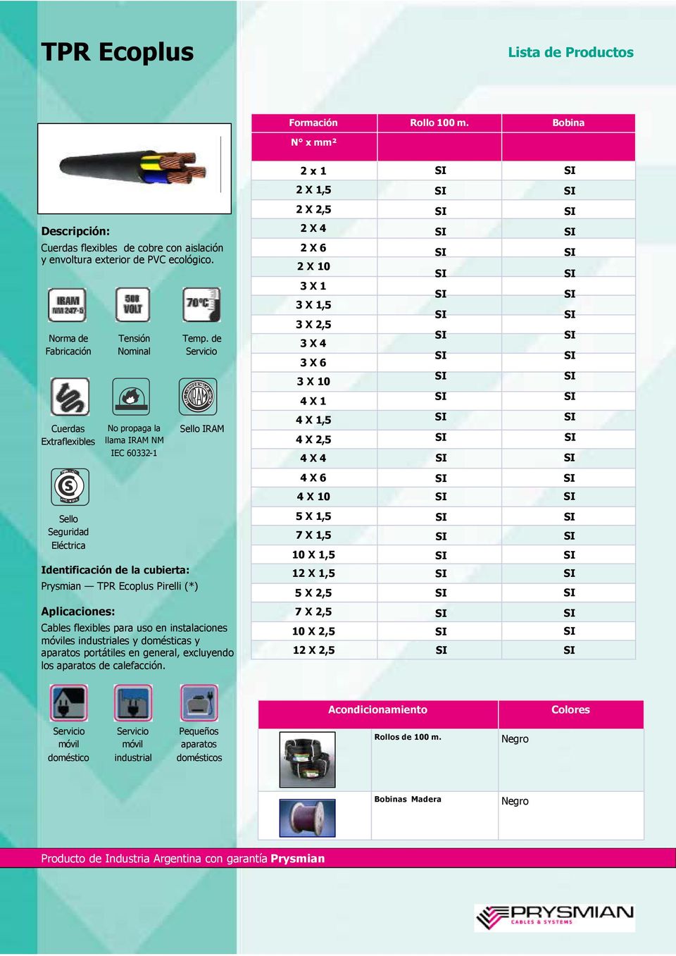 Identificación de la cubierta: Prysmian TPR Ecoplus Pirelli (*) 5 X 1,5 7 X 1,5 10 X 1,5 12 X 1,5 5 X 2,5 Cables flexibles para uso en instalaciones móviles industriales y