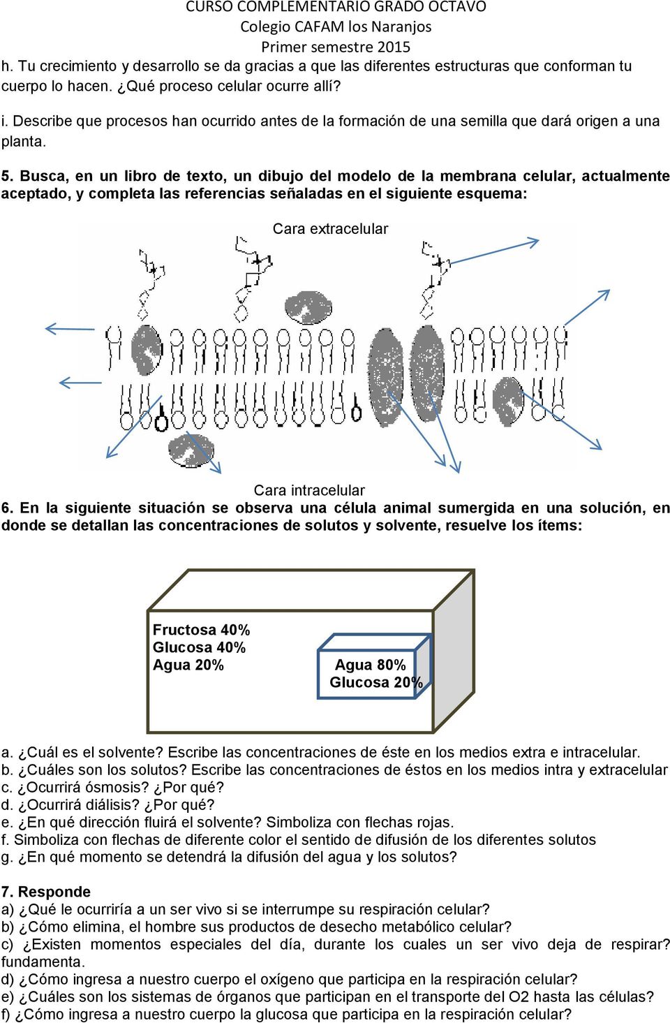 Busca, en un libro de texto, un dibujo del modelo de la membrana celular, actualmente aceptado, y completa las referencias señaladas en el siguiente esquema: Cara extracelular Cara intracelular 6.