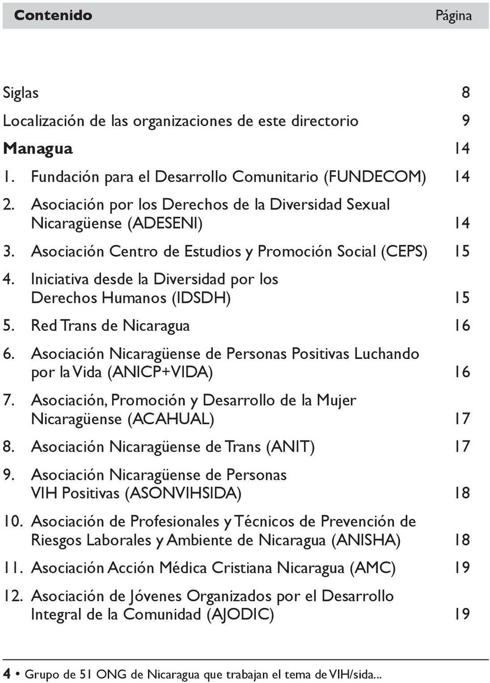 Iniciativa desde la Diversidad por los Derechos Humanos (IDSDH) 15 5. Red Trans de Nicaragua 16 6. Asociación Nicaragüense de Personas Positivas Luchando por la Vida (ANICP+VIDA) 16 7.