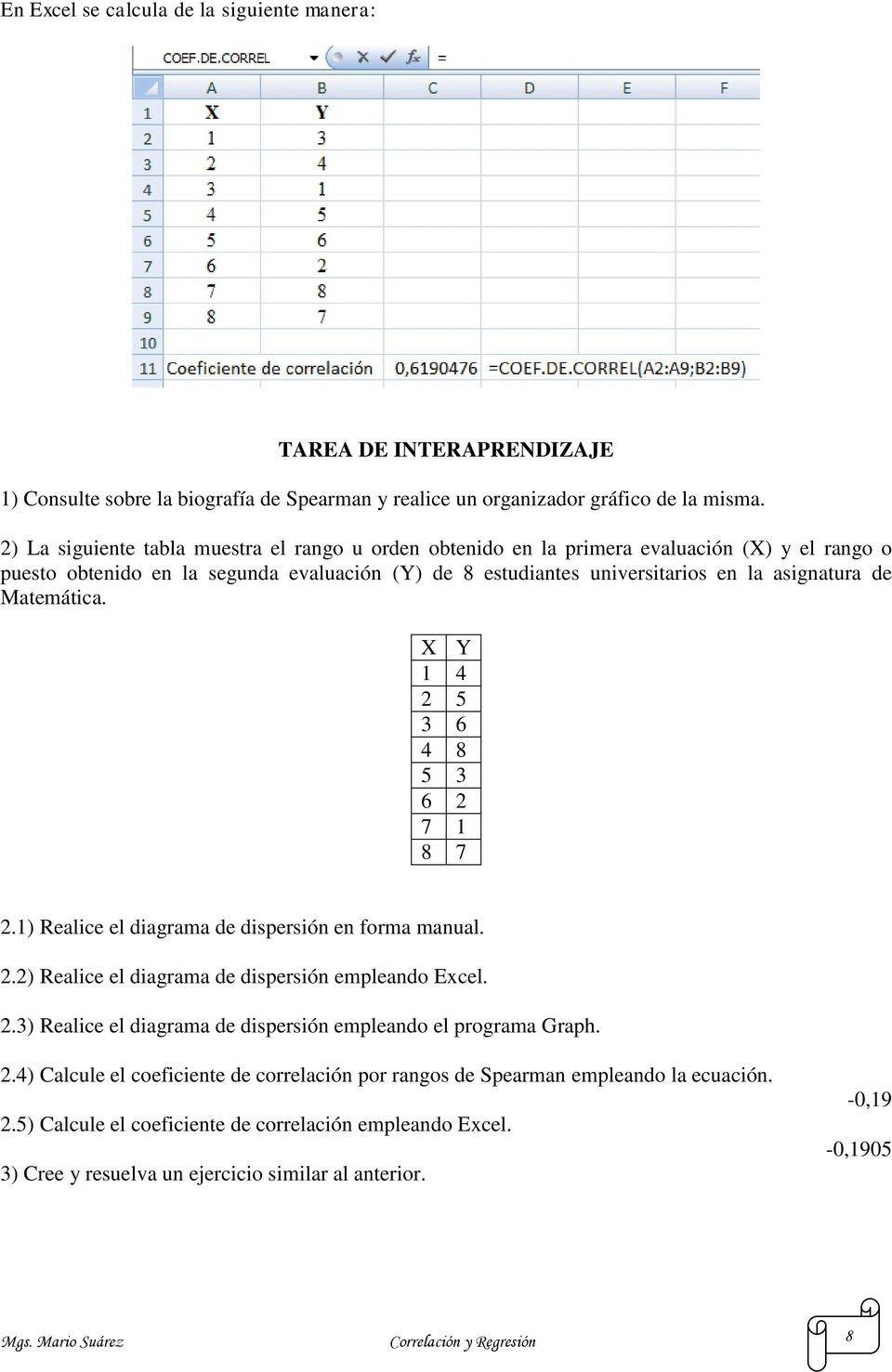 Matemática. X Y 1 4 5 3 6 4 8 5 3 6 7 1 8 7.1) Realice el diagrama de dispersión en forma manual..) Realice el diagrama de dispersión empleando Excel.