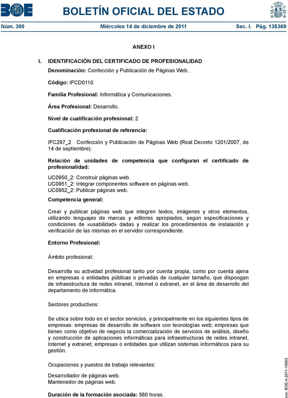 Nivel de cualificación profesional: 2 Cualificación profesional de referencia: IFC297_2 Confección y Publicación de Páginas Web (Real Decreto 1201/2007, de 14 de septiembre).