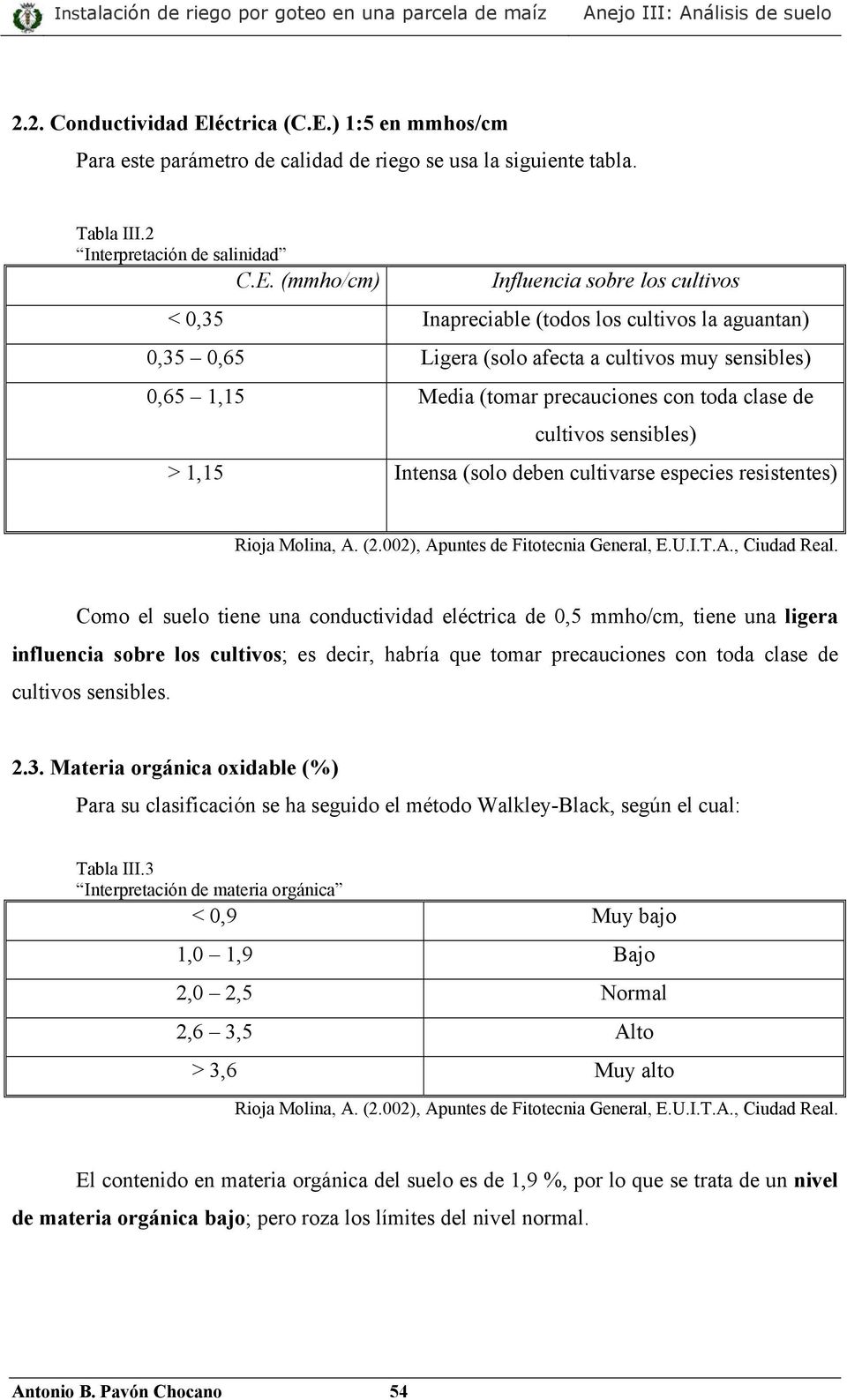 ) 1:5 en mmhos/cm Para este parámetro de calidad de riego se usa la siguiente tabla. Tabla III.2 Interpretación de salinidad C.E.