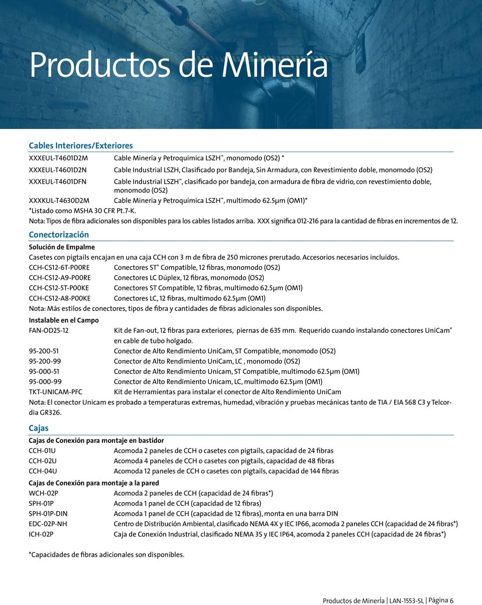 Minería y Petroquímica LSZH, multimodo 62.5µm (OM1)* *Listado como MSHA 30 CFR Pt.7-K. Nota: Tipos de fibra adicionales son disponibles para los cables listados arriba.