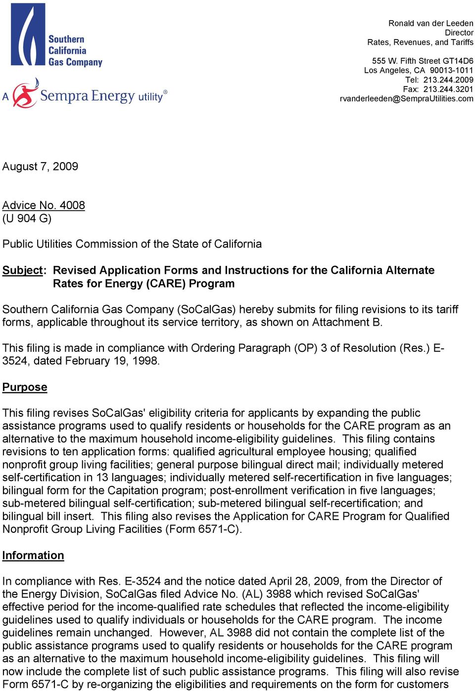 4008 (U 904 G) Public Utilities Commission of the State of California Subject: Revised Application Forms and Instructions for the California Alternate Rates for Energy (CARE) Program Southern