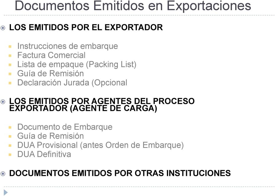 LOS EMITIDOS POR AGENTES DEL PROCESO EXPORTADOR (AGENTE DE CARGA) Documento de Embarque Guía de
