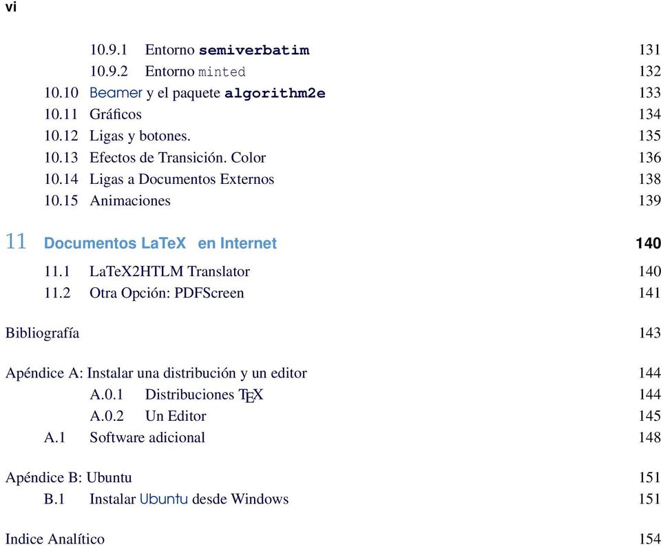1 LaTeX2HTLM Translator 140 11.2 Otra Opción: PDFScreen 141 Bibliografía 143 Apéndice A: Instalar una distribución y un editor 144 A.0.1 Distribuciones TEX 144 A.