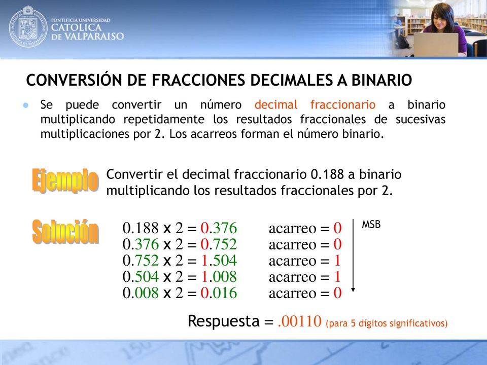 Convertir el decimal fraccionario 0.188 a binario multiplicando los resultados fraccionales por 2. 0.188 x 2 = 0.376 acarreo = 0 0.