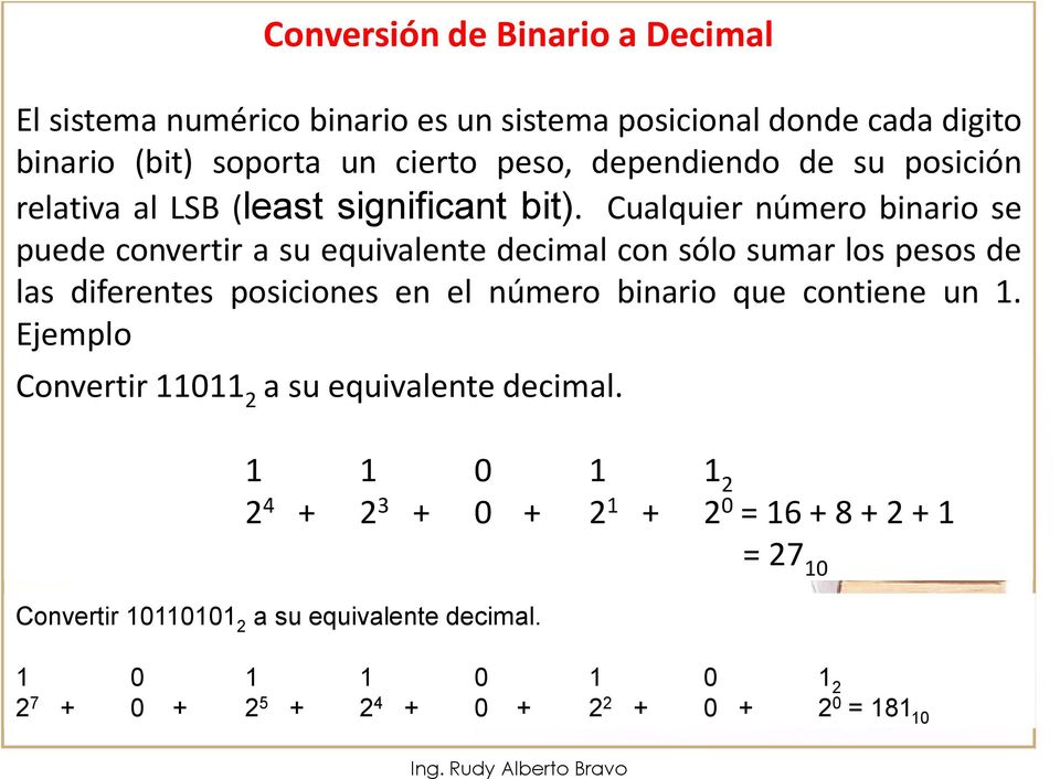Cualquier número binario se puede convertir a su equivalente decimal con sólo sumar los pesos de las diferentes posiciones en el número binario que