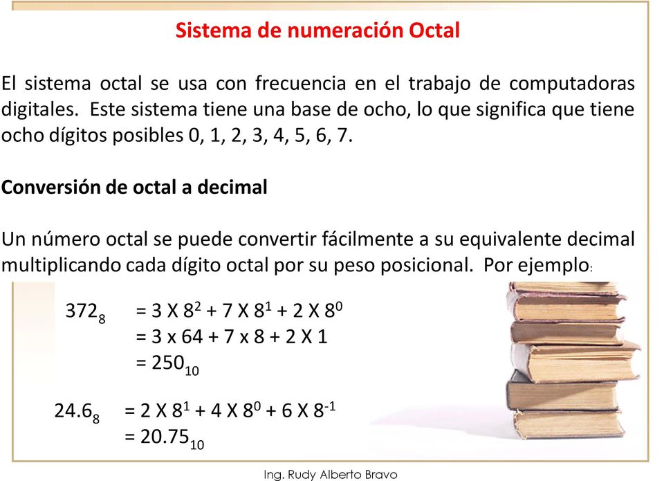 Conversión de octal a decimal Un número octal se puede convertir fácilmente a su equivalente decimal multiplicando cada dígito