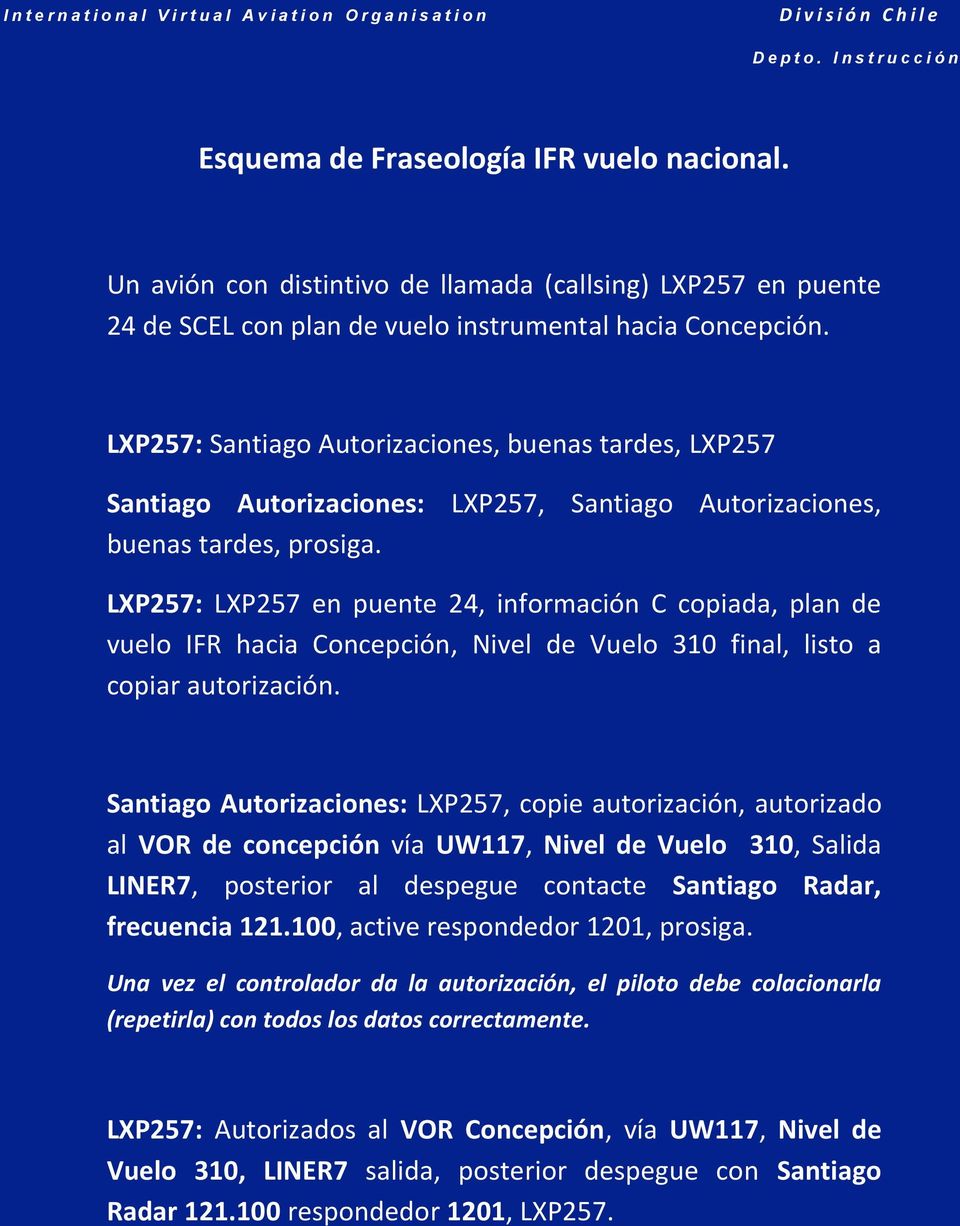 LXP257: LXP257 en puente 24, información C copiada, plan de vuelo IFR hacia Concepción, Nivel de Vuelo 310 final, listo a copiar autorización.
