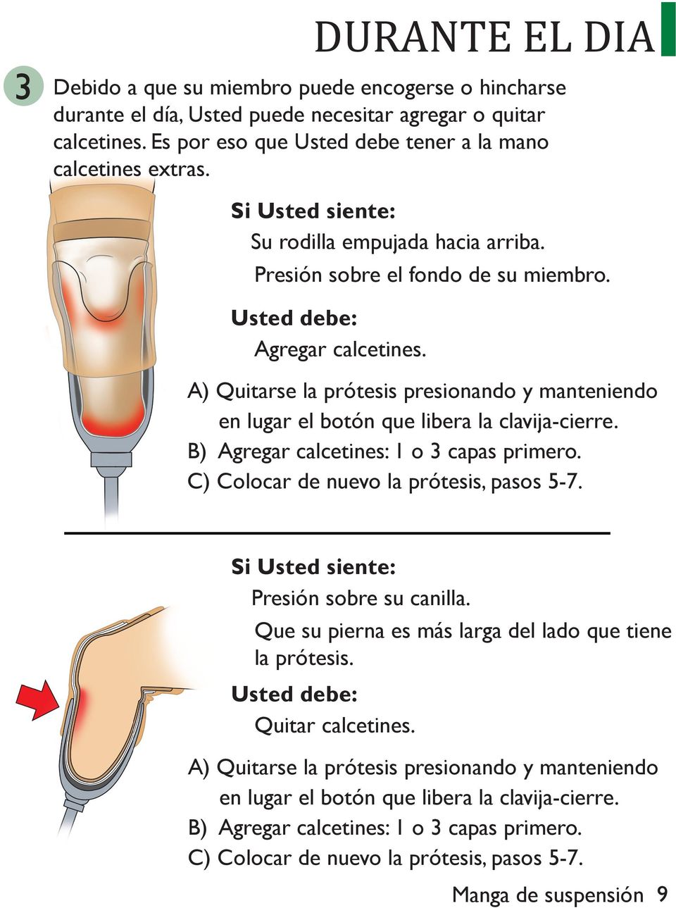A) Quitarse la prótesis presionando y manteniendo en lugar el botón que libera la clavija-cierre. B) Agregar calcetines: o 3 capas primero. C) Colocar de nuevo la prótesis, pasos 5-7.