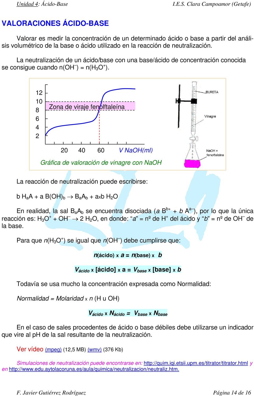 1 10 8 6 4 Zona de viraje fenolftaleína 0 40 60 V NaOH(ml) Gráfica de valoración de vinagre con NaOH La reacción de neutralización puede escribirse: b H a A + a B(OH) b B a A b + axb H O En realidad,