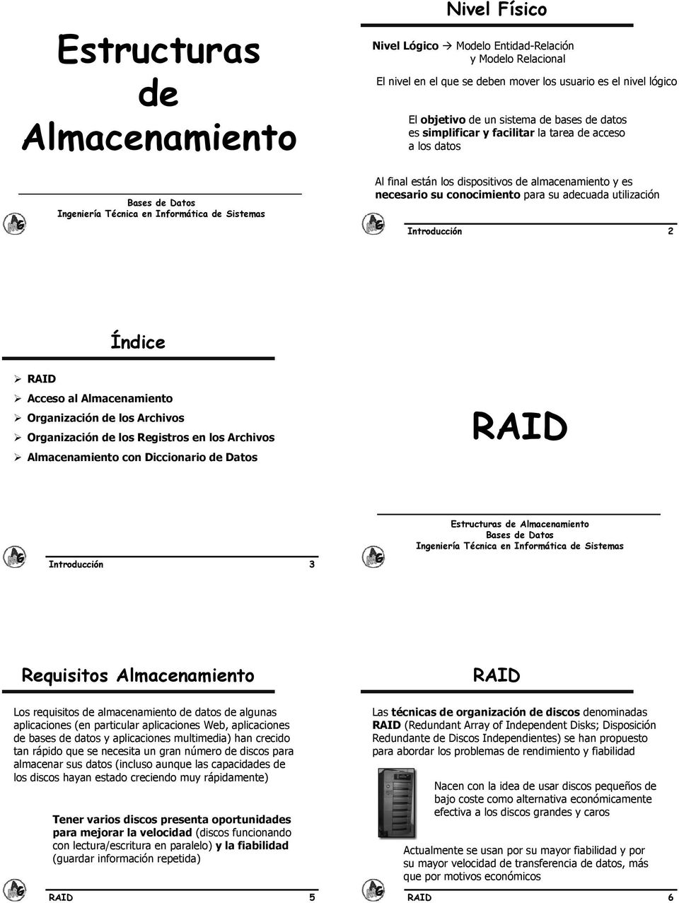 Índice RAID Acceso al Almacenamiento Organización de los Archivos Organización de los Registros en los Archivos Almacenamiento con Diccionario de Datos RAID Introducción 3 Estructuras de