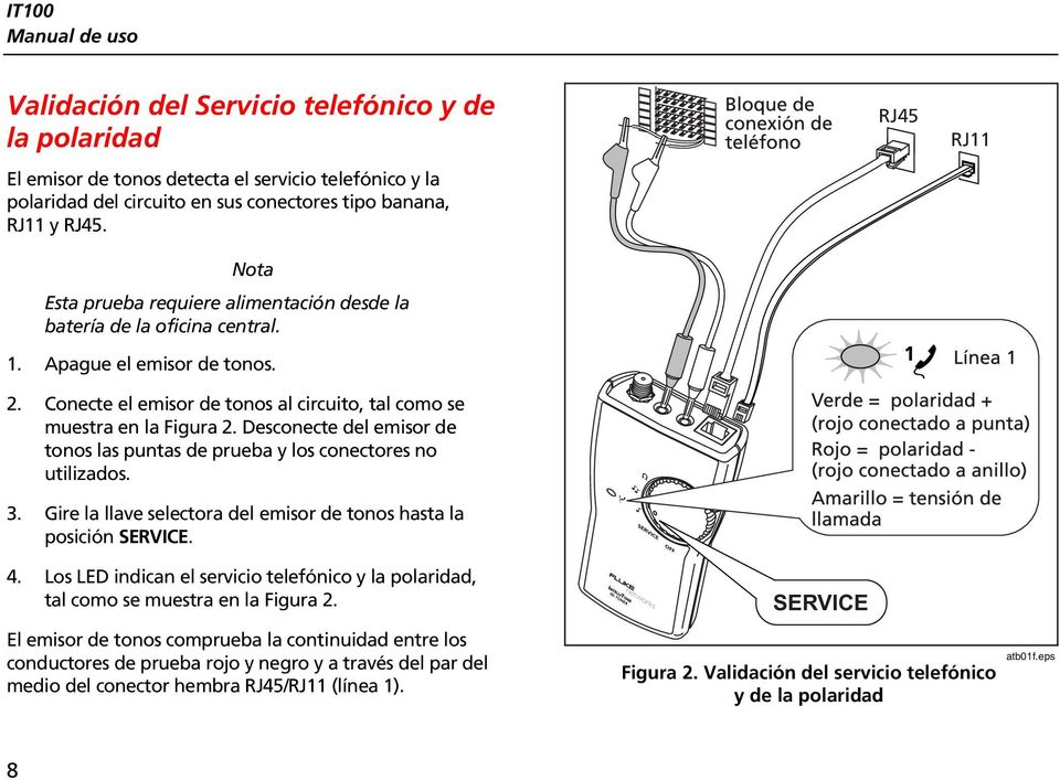 Desconecte del emisor de tonos las puntas de prueba y los conectores no utilizados. 3. Gire la llave selectora del emisor de tonos hasta la posición SERVICE. RJ45 RJ11 4.