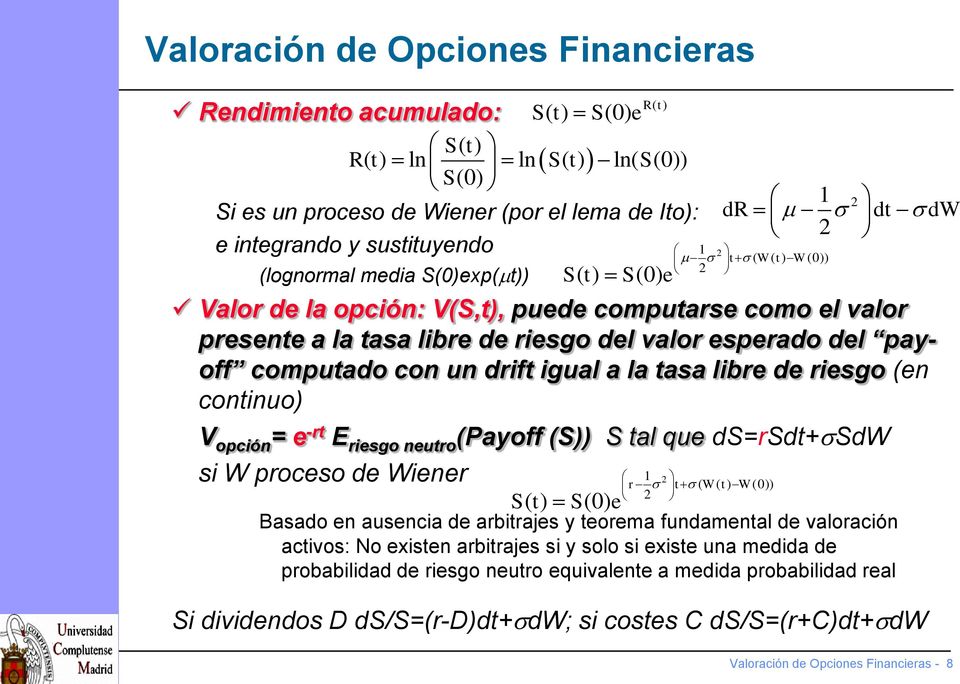 riesgo neutro (Payoff (S)) S tal que ds=rsdt+sdw si W proceso de Wiener S( t) S(0) e S( t) S(0) e 2 dr dt dw Basado en ausencia de arbitrajes y teorema fundamental de valoración activos: No existen