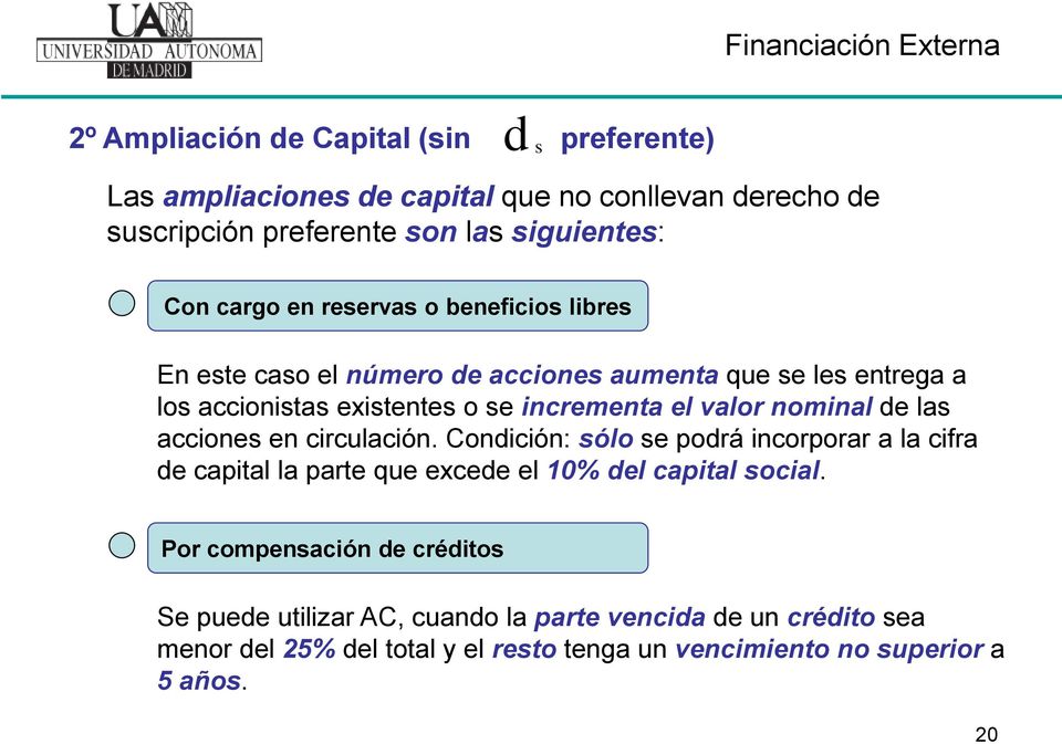 de las acciones en circulación. Condición: sólo se podrá incorporar a la cifra de capital la parte que excede el 10% del capital social.