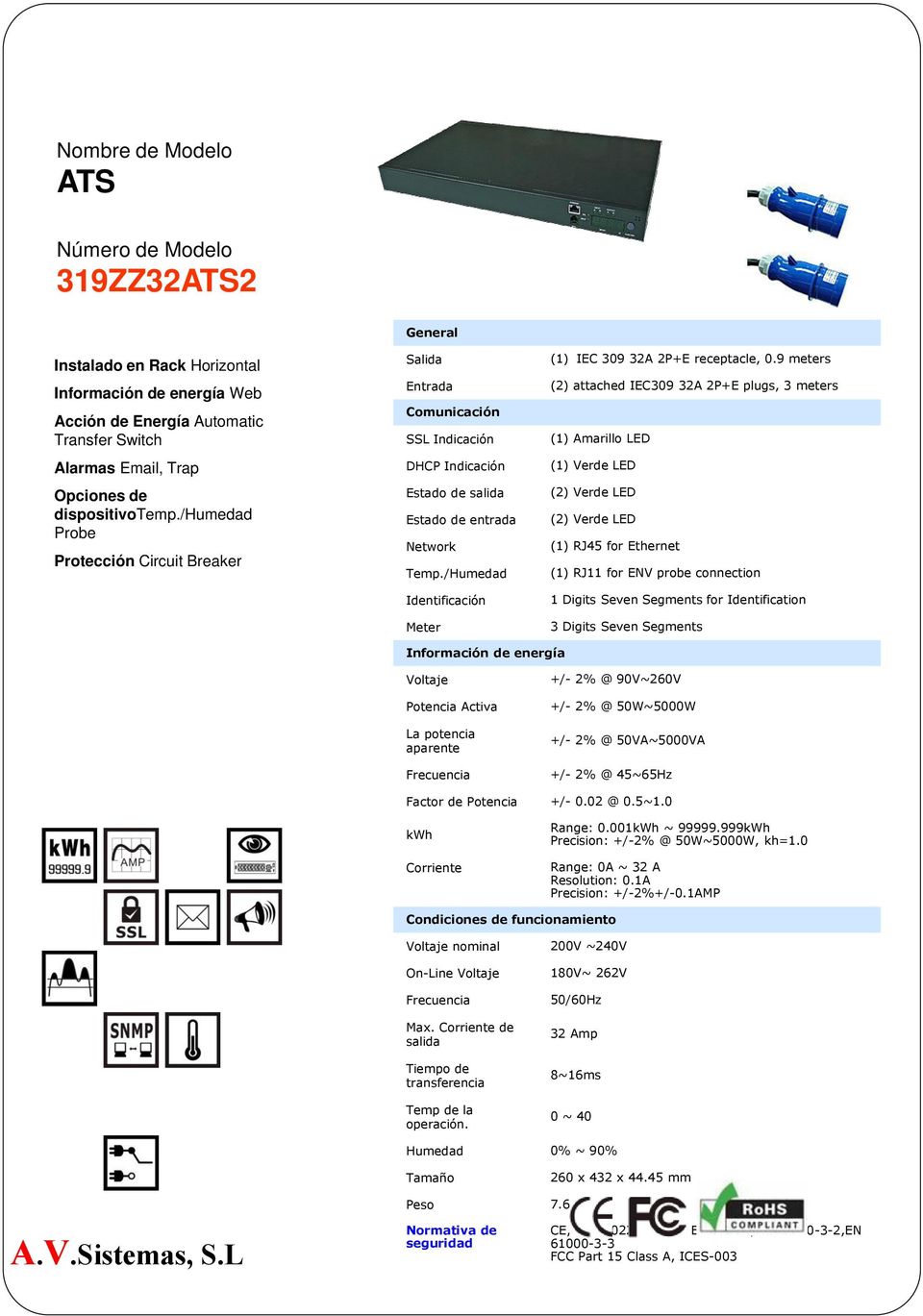 9 meters (2) attached IEC309 32A 2P+E plugs, 3 meters (2) Verde LED (2) Verde LED (1) RJ45 for Ethernet (1) RJ11 for ENV probe connection 1 Digits Seven Segments for Identification 3 Digits Seven