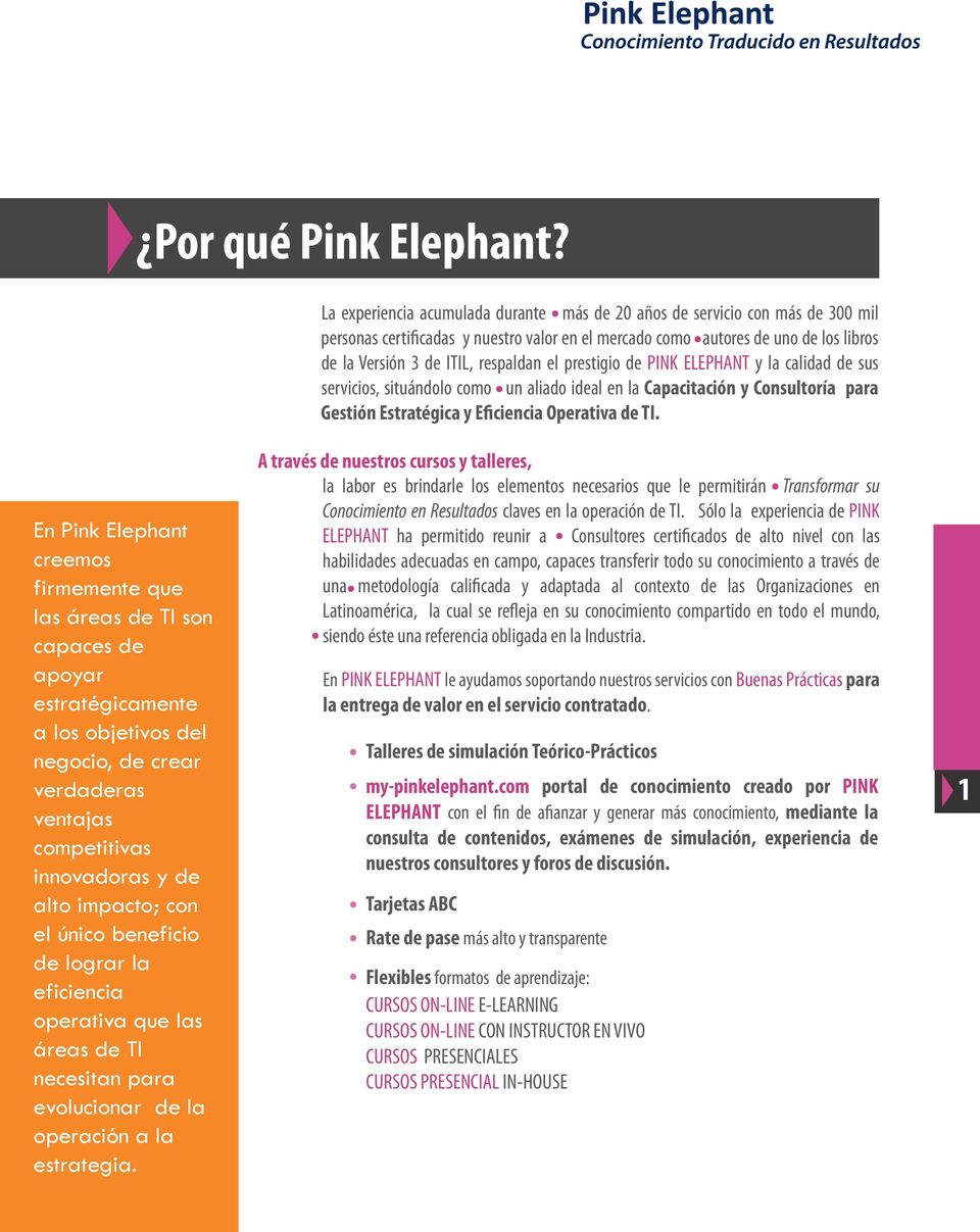el prestigio de PINK ELEPHANT y la calidad de sus servicios, situándolo como un aliado ideal en la Capacitación y Consultoría para Gestión Estratégica y Eficiencia Operativa de TI.