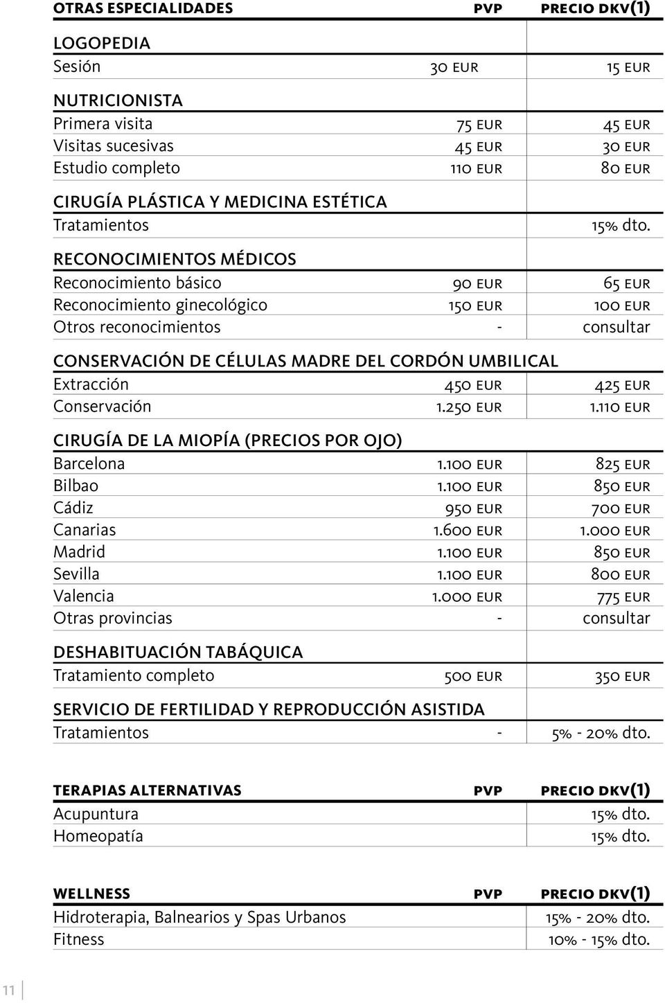 65 eur 100 eur consultar CONSERVACIÓN DE CÉLULAS MADRE DEL CORDÓN UMBILICAL Extracción 450 eur 425 eur Conservación 1.250 eur 1.110 eur CIRUGÍA DE LA MIOPÍA (PRECIOS POR OJO) Barcelona 1.