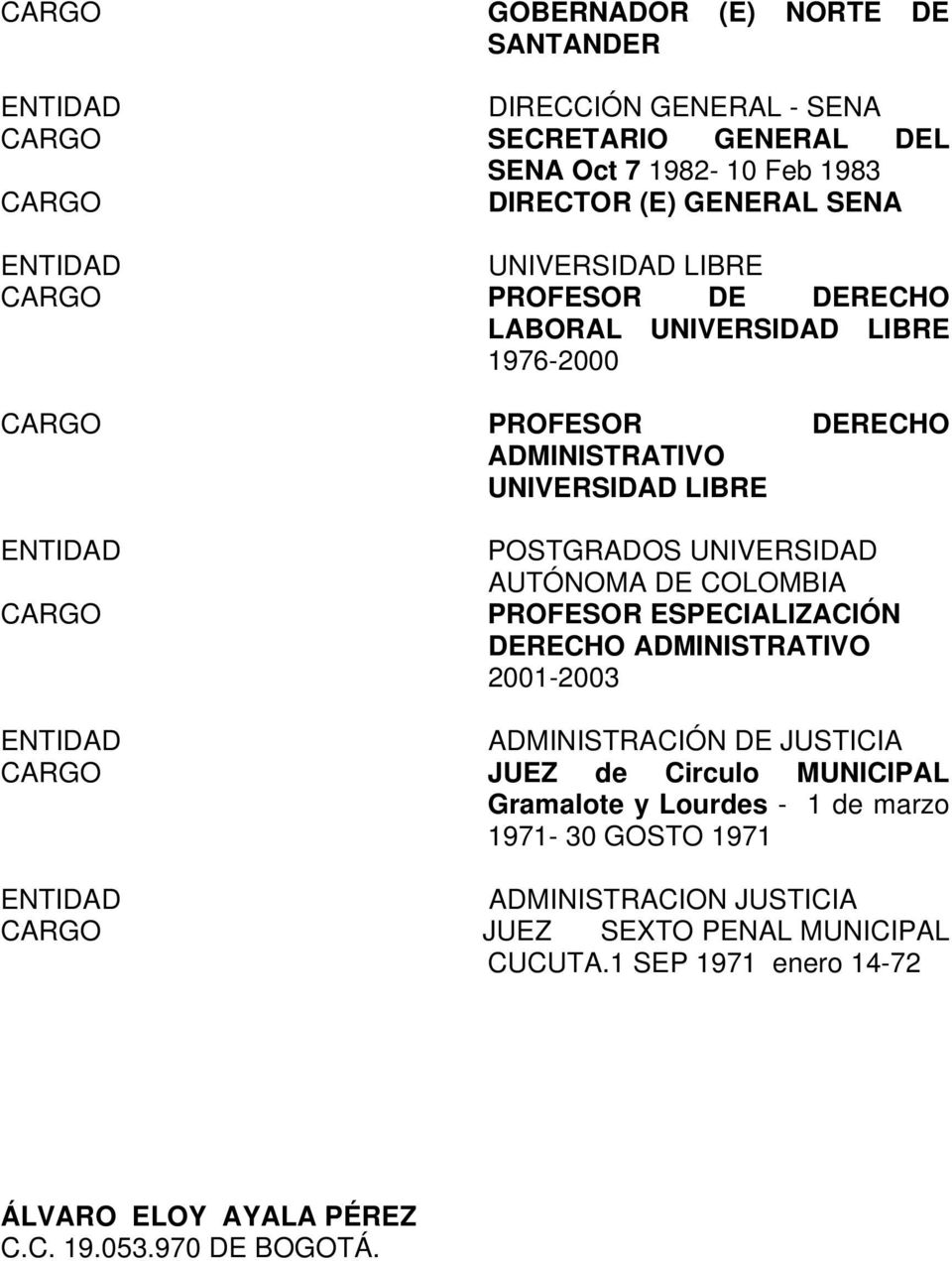 COLOMBIA PROFESOR ESPECIALIZACIÓN DERECHO ADMINISTRATIVO 2001-2003 ADMINISTRACIÓN DE JUSTICIA JUEZ de Circulo MUNICIPAL Gramalote y Lourdes - 1 de