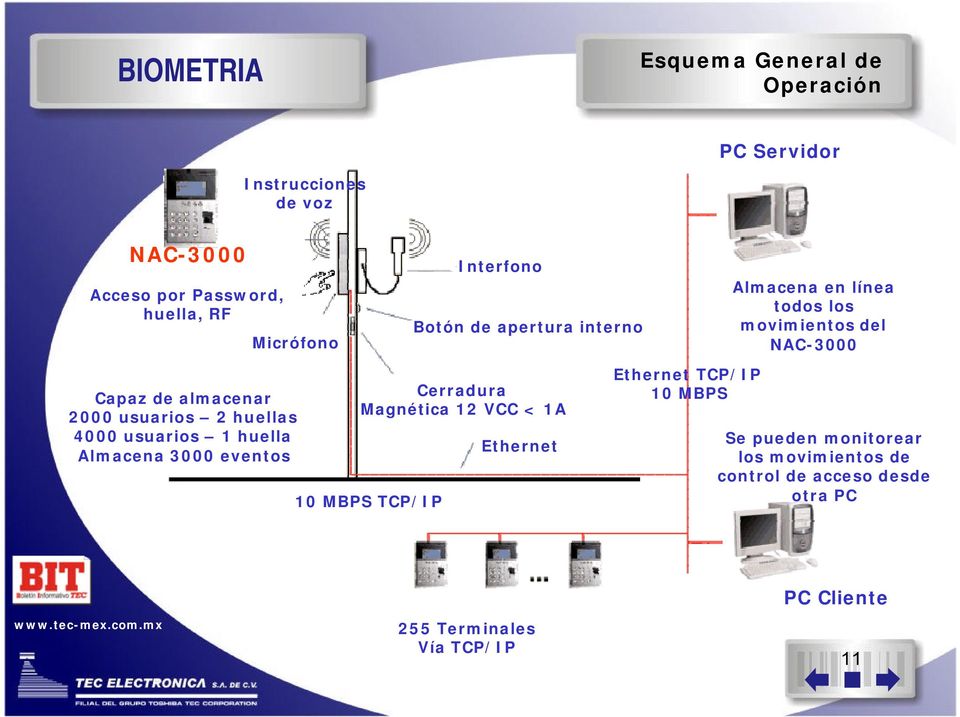 Cerradura Magnética 12 VCC < 1A 10 MBPS TCP/IP Ethernet Ethernet TCP/IP 10 MBPS Almacena en línea todos los