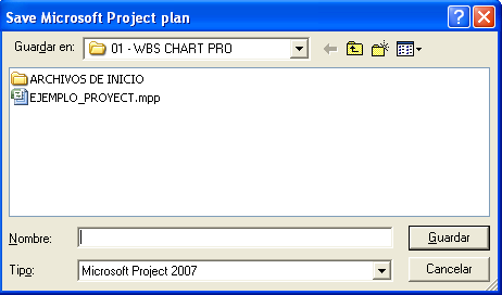 3.5 Transfiriendo un Diagrama WBS a MS Project -Ingresar el nombre del archivo.