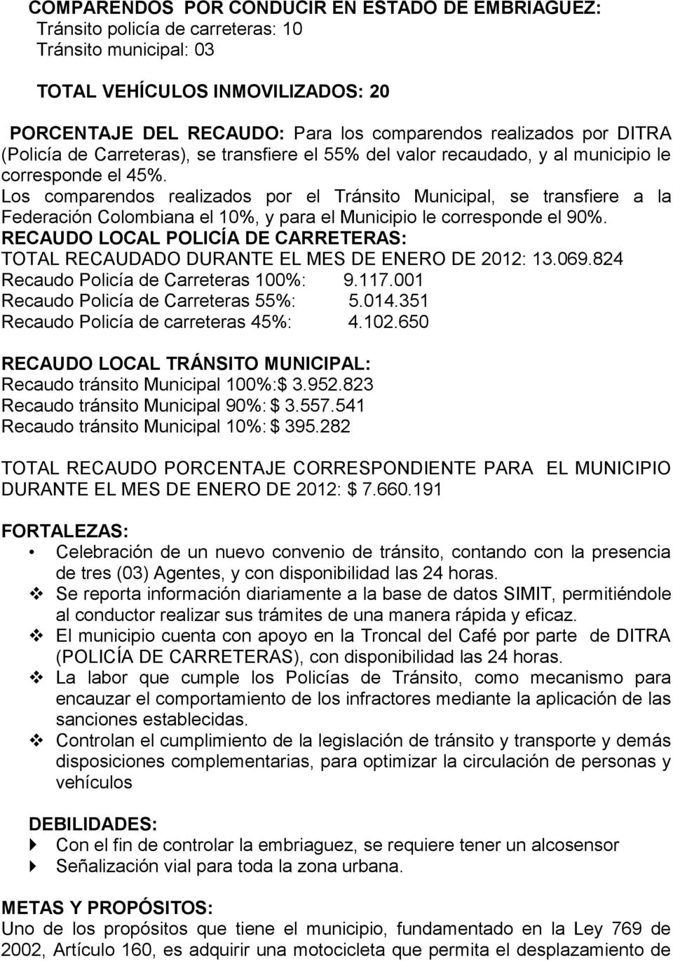 Los comparendos realizados por el Tránsito Municipal, se transfiere a la Federación Colombiana el 10%, y para el Municipio le corresponde el 90%.