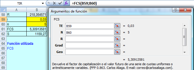 44 Carlos Aliaga Figura 2.18 Modelo 2.1c que obtiene el FRC y la renta uniforme de una anualidad simple a partir de un valor presente. Figura 2.19 Modelo 2.