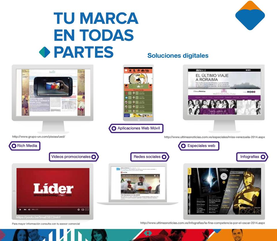 aspx Especiales web Videos promocionales Redes sociales Infografías https://youtu.