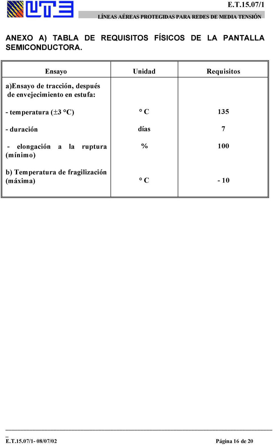 estufa: - temperatura ( 3 C) - duración - elongación a la ruptura (mínimo) b)