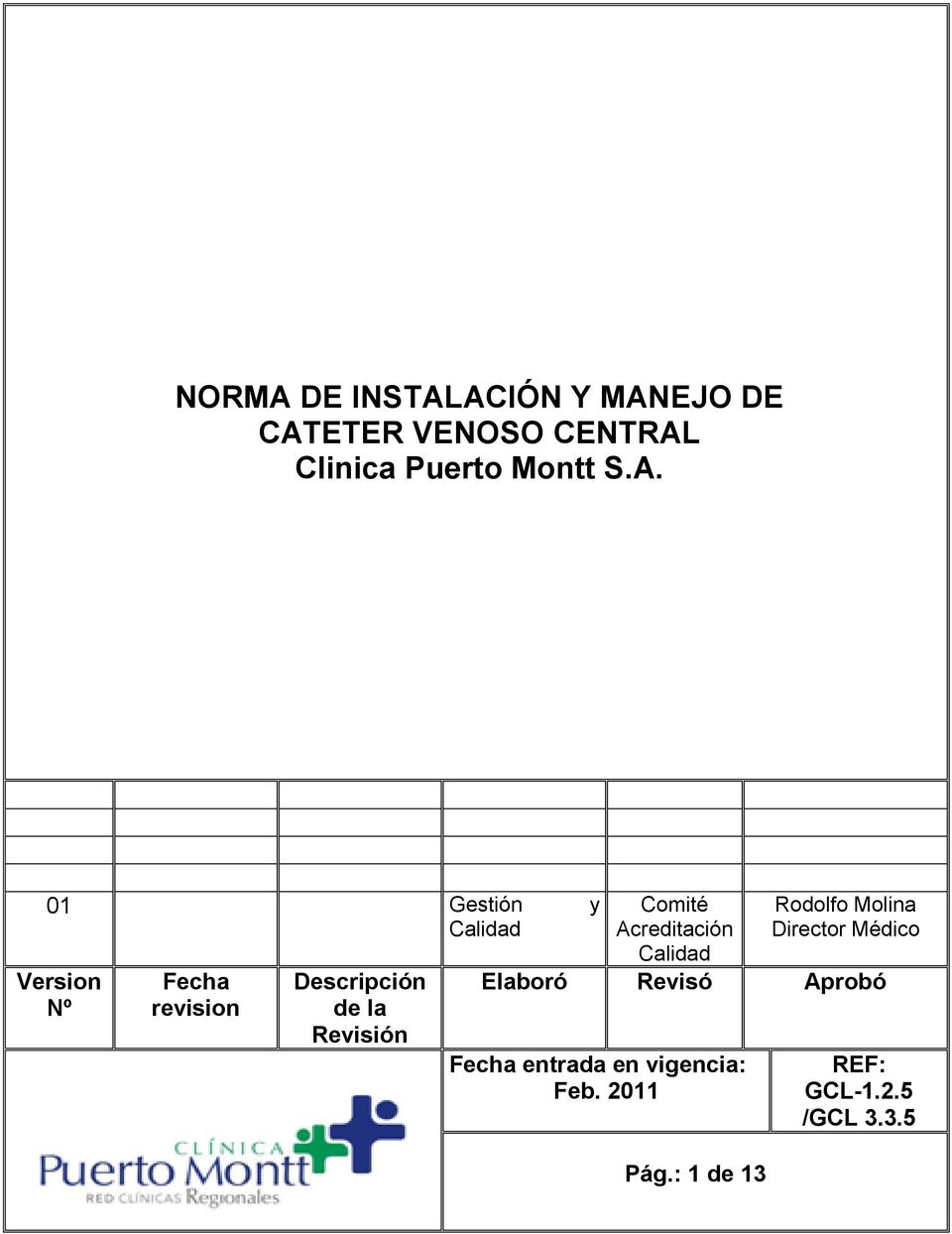 ACIÓN Y MANEJO DE Clinica Puerto Montt S.A. 01 Gestión y Calidad Version